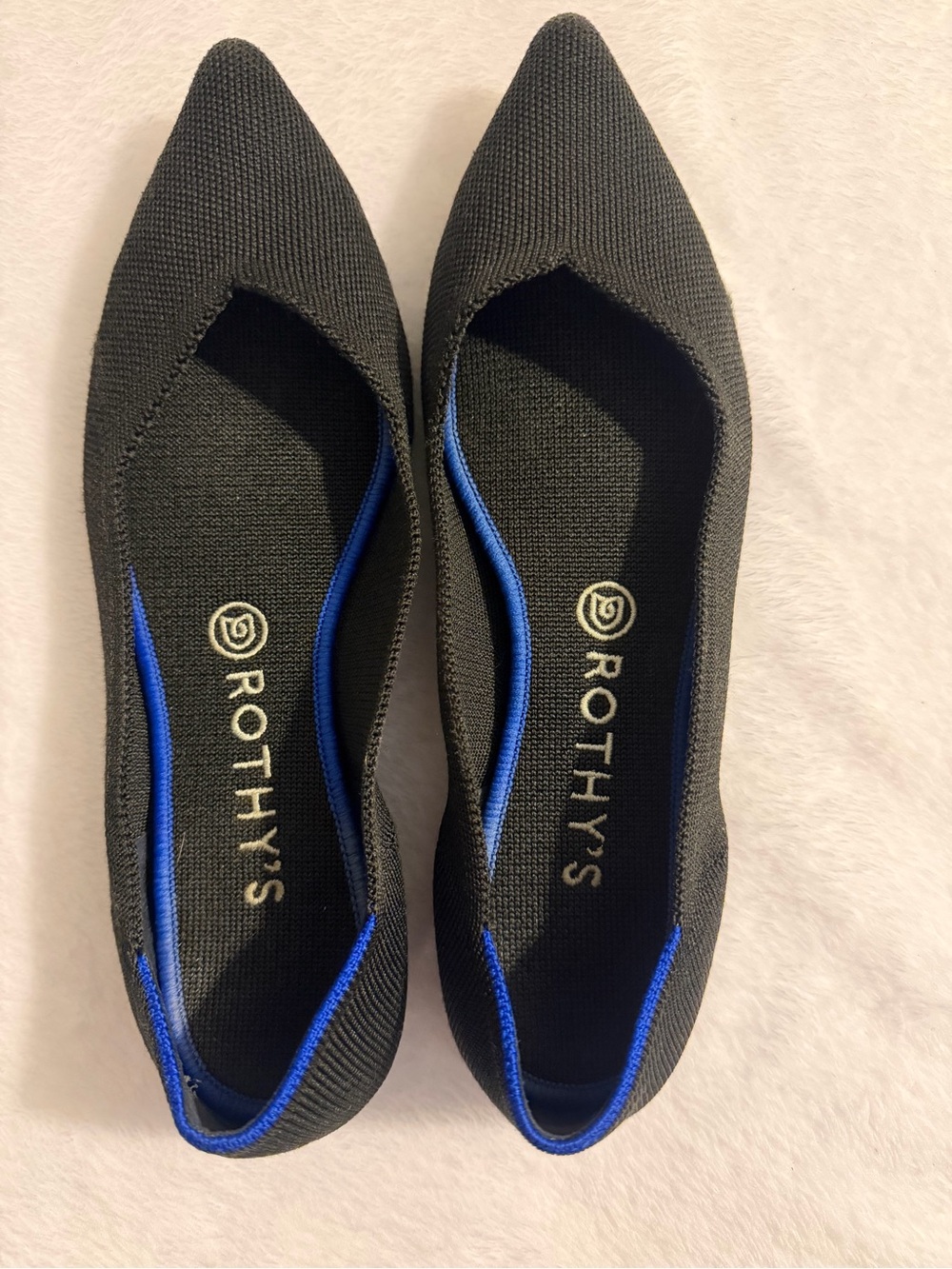 Rothy's Black Pointed Knit Flats with Blue Trim